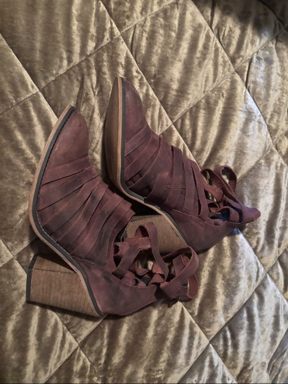 Freebird by Steven Burgundy Lace-Up Cutout Block Heel Booties